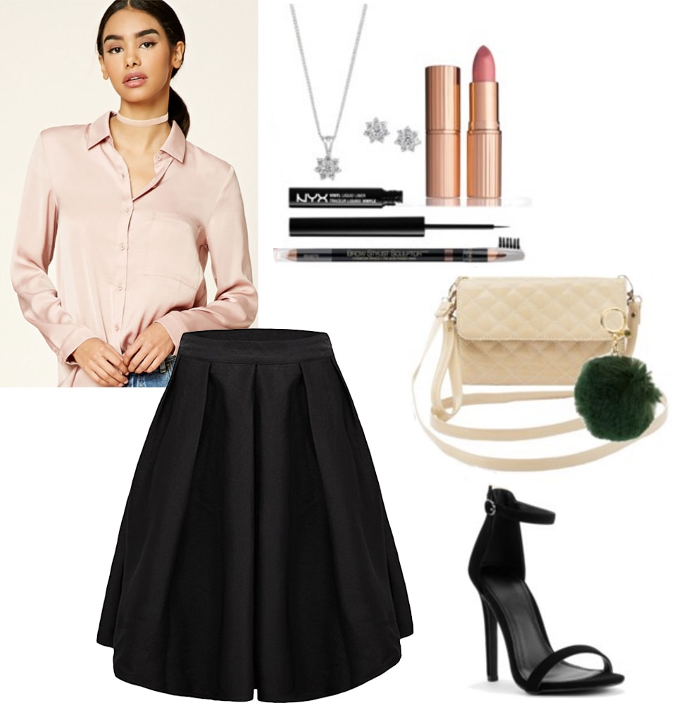 Date night outfit inspired by Sophia Loren's style: Midi skirt, pink wrap blouse, strappy heels, dramatic makeup, jewels