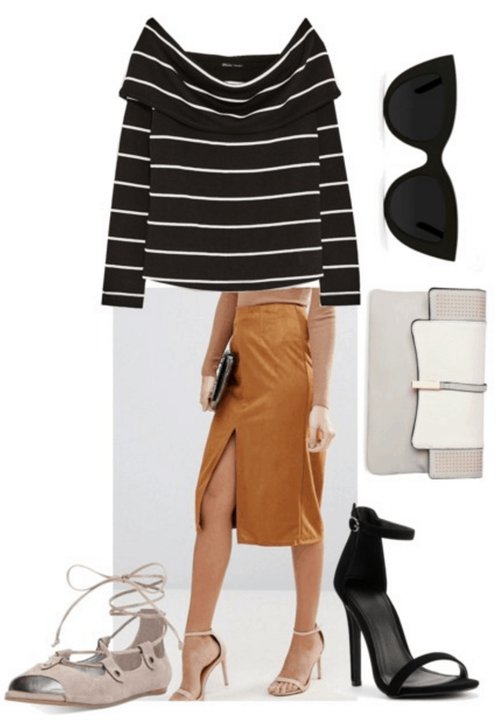 Striped sweater with suede skirt.