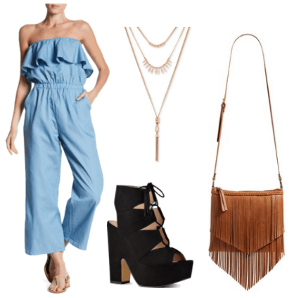 Outfit inspired by Sophia from tv show Girlboss: brown layered fringe crossbody bag, black chunky platform sandals, triple layer necklace, light blue strapless jumpsuit