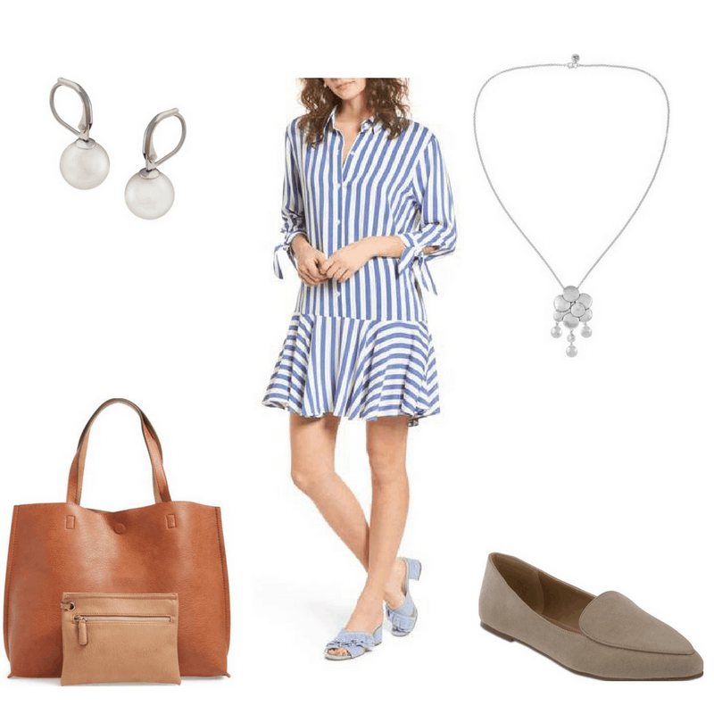 Sophisticated finals outfit with shirtdress, necklace, loafers, tote bag, and pearl earrings