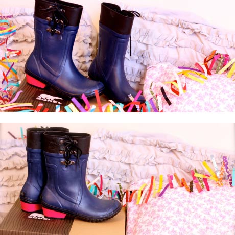 SOREL navy rain boots with pink heels