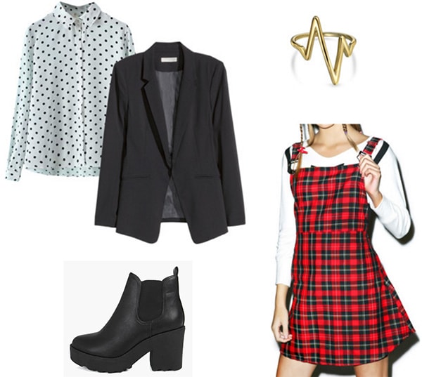 Outfit inspired by soul eater - how to wear a plaid dress, polka dot shirt, blazer, and chunky ankle boots