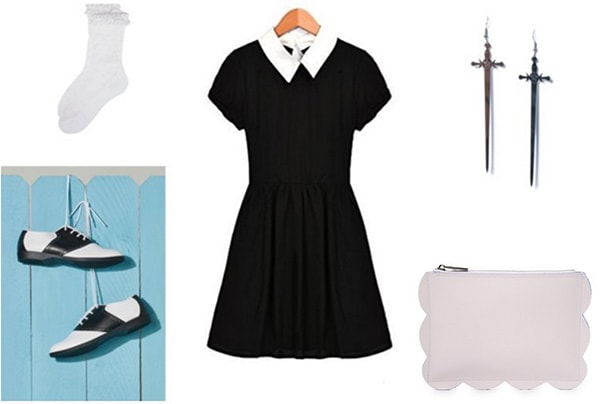 Soul Eater anime fashion outfit - Black dress with collar, saddle shoes, lilac clutch, frilly socks