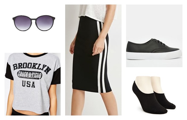 Sporty black midi skirt with sneakers outfit