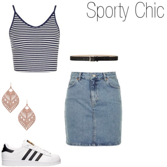 How to wear adidas with a denim skirt and striped top