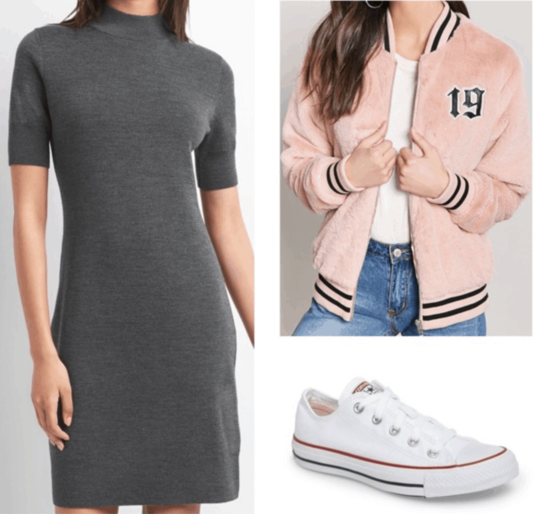 gray dress varsity bomber jacket white converses