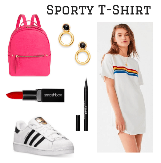 backpack, lipstick, sneaker, earrings, eyeliner, t-shirt dress