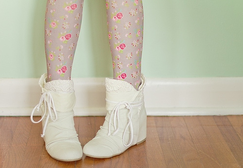 White booties with floral tights