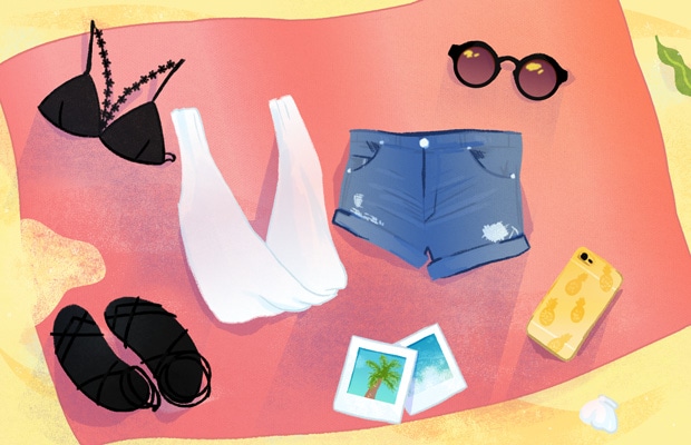 Beach flat lay illustration by Stacey Abidi