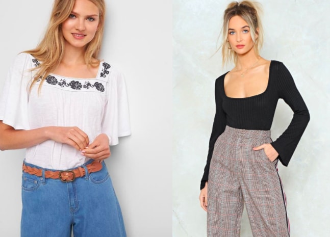 Square neckline trend (from left to right): white peasant flowy top with floral embroidery from GAP and long-sleeve black bodysuit with bell sleeves from Nasty Gal.