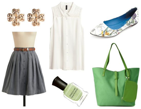 St. Patrick's Day belted skirt white lace shirt