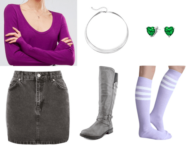 purple scoop neck long sleeve silver collar emerald heart earrings gray denim skirt gray knee-high boots purple knee-high socks teen titans casual cosplay teen titans starfire outfit