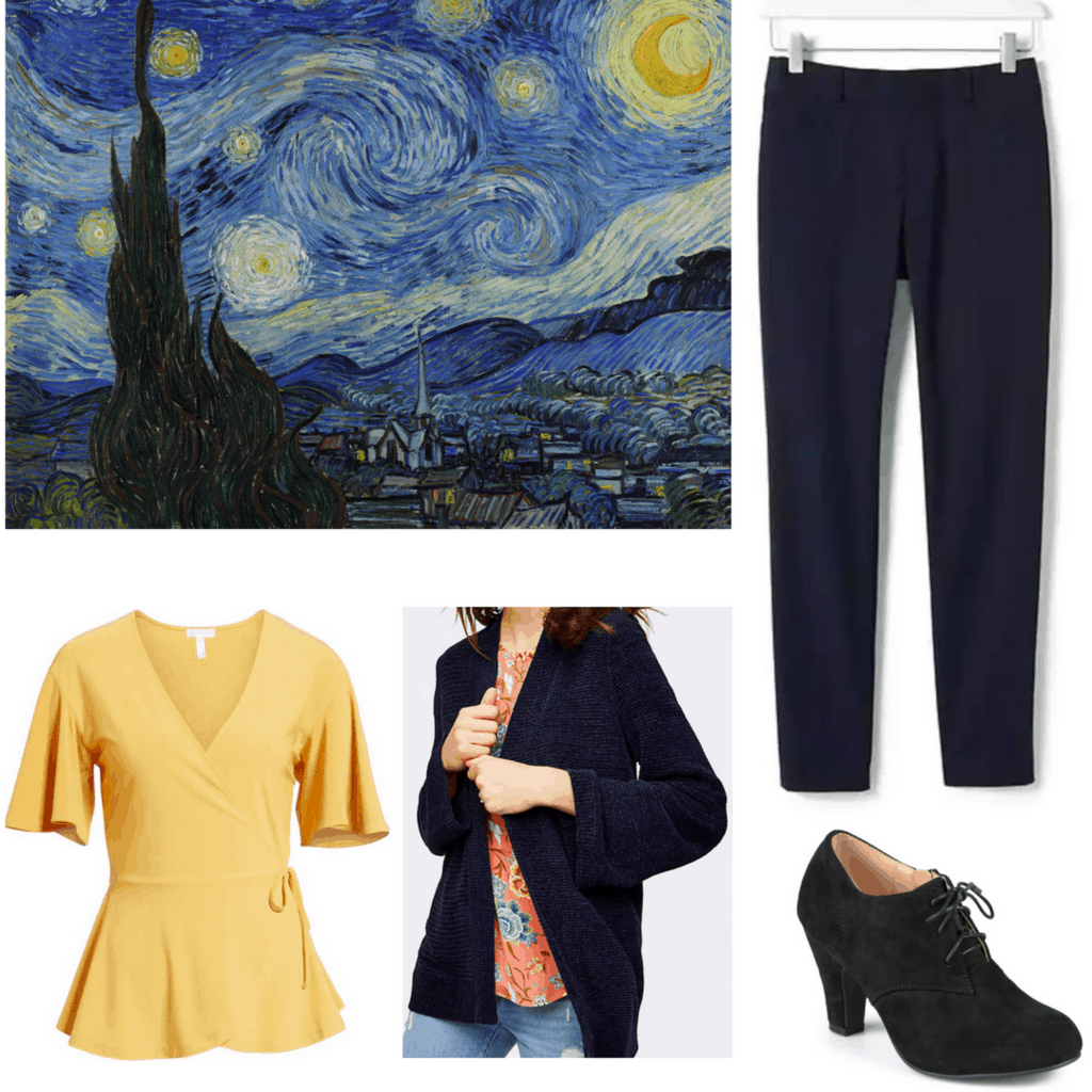 outfits inspired by impressionism outfits inspired by vincent van gogh starry night tailored black ankle pants pale yellow blouse fluffy navy cardigan black oxford heels with ribbon bow