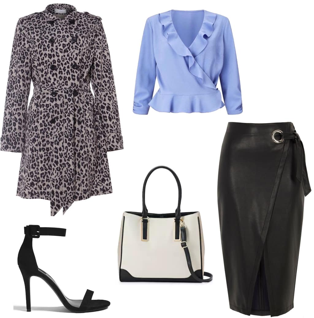 Business casual outfit with statement coat: Leopard print trench coat, blue ruffle top, black faux leather wrap skirt, black and white tote bag, strappy heels