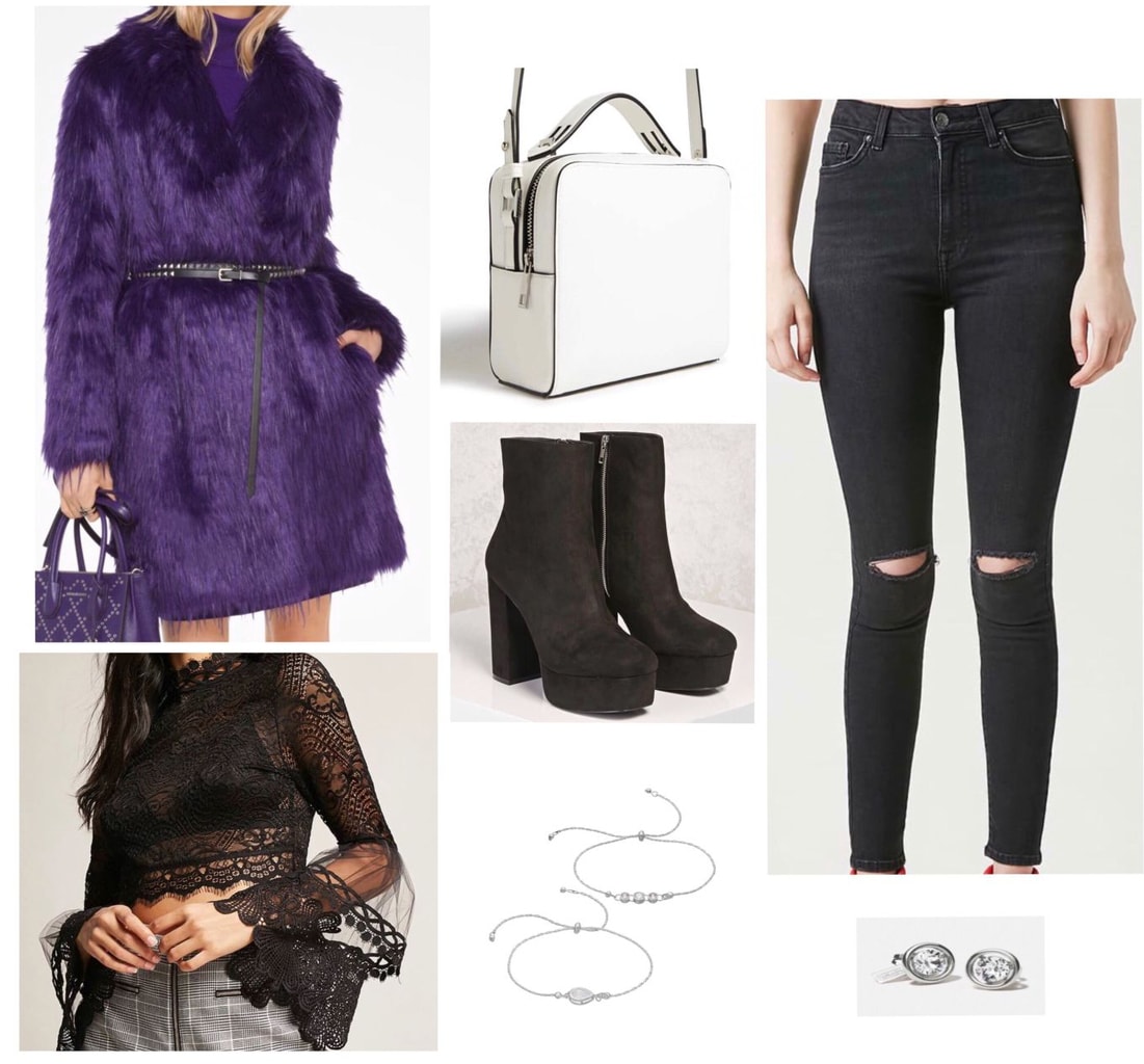 Statement coat outfit for a night out: Purple faux fur coat, ripped black skinny jeans, lace crop top, platform ankle boots, white purse, bracelets, stud earrings