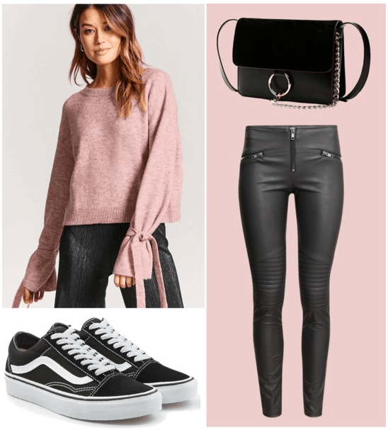 Polyvore set for tie-wrist sleeves with accessories including: black low top vans, leather leggings, and a black crossbody bag.