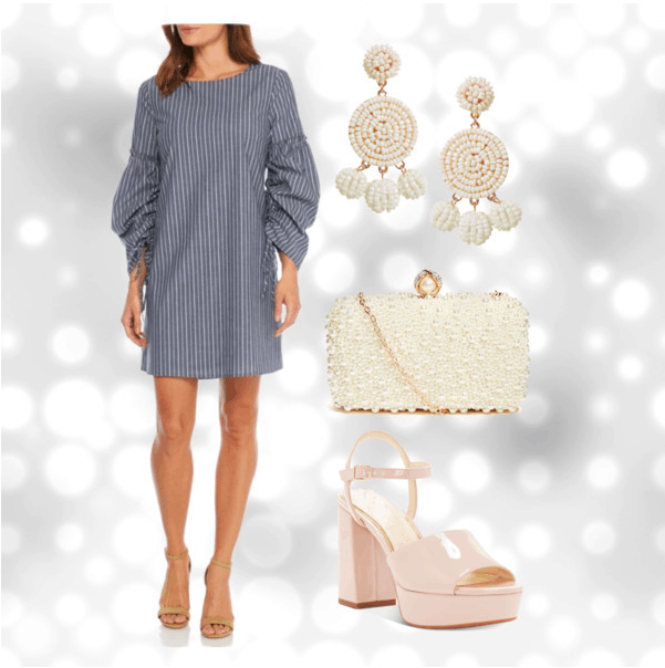 Polyvore set for ruches sleeves with accessories including: round disc earrings, a pearl clutch, and nude platform sandals.