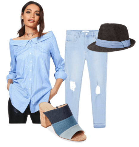 Outfit inspired by Stephen Bekowsky from LA Noire video game: ripped light blue denim, pinstripe off the shoulder top, denim block heel, straw fedora