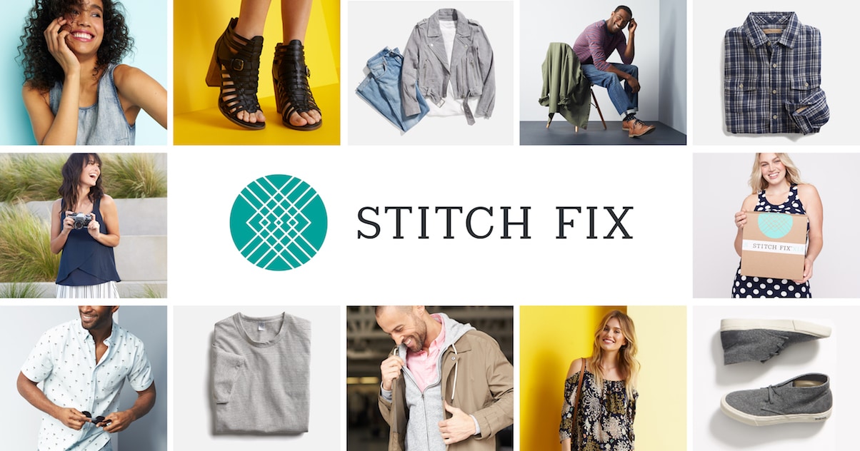 Stitch Fix ad including various people wearing various clothing items. Includes stitch fix logo.
