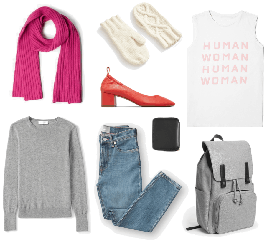 Bright pink ribbed scarf, light gray crewneck sweater, cream-colored cable-knit mittens, red block-heel elasticized leather pump with pull-tab at back, boyfriend jeans in light wash, black zip-around wallet, white muscle tank with "HUMAN WOMAN" graphic in pale pink, light gray reverse-denim backpack with black leather accents