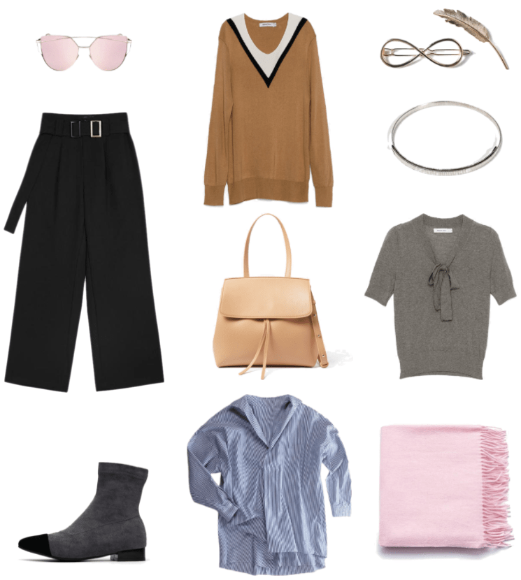 Rose gold metal frame cat-eye sunglasses with pale pink lenses, black cropped pleated wide-leg pants with belt with two silver buckles, dark gray ankle boots with low black heel and black cap toe, camel-colored v-neck sweater with black v and white at collar, beige cross-body bag with top-handle, blue-and-white striped asymmetrical oversized button-up shirt, gold infinity-shaped hair clip, gold metal feather hair clip, silver metal choker necklace, gray short-sleeved v-neck sweater with bow-neck, pale pink large wool scarf with tassels