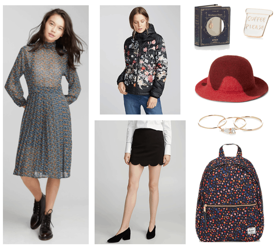 Teal long-sleeved voile dress with small floral print, black hooded down jacket with floral print, black scalloped-hem mini skirt, gold oval locket with engraved moon and stars in blue book-themed box, white-and-gold coffee cup-shaped pin with "COFFEE PLEASE" text, red and maroon ombré wavy design wool cloche hat, set of three gold rings: two plain and one with small and large clear stones and faux teardrop-shaped opal; black mini backpack with small floral print in light pink, blue, and red with gold zipper front pocket