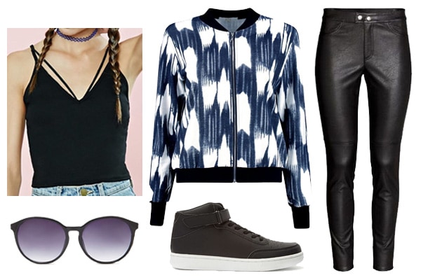 Edgy street fashion bomber jacket with high tops