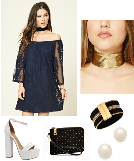 Outfit inspired by Chun Li from Street Fighter - Blue lace dress, gold choker, gold bracelet, studded clutch, pearl earrings