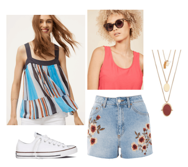 How to Wear Multicolored Stripes: Outfit with blue, orange and white striped top, brown sunglasses, embroidered denim shorts, layered necklaces, white Converse sneakers