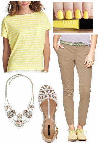 Striped citron tee, tan trousers, statement necklace