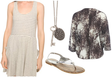 How to wear a striped dress with an animal print cardigan and metallic sandals