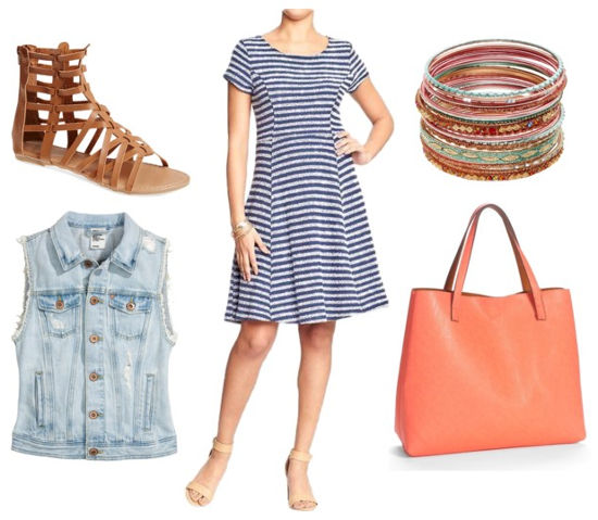 striped dress and denim vest