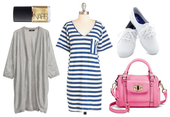 Striped dress gray cardigan white sneakers