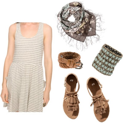 How to wear a striped dress with simple sandals and a scarf