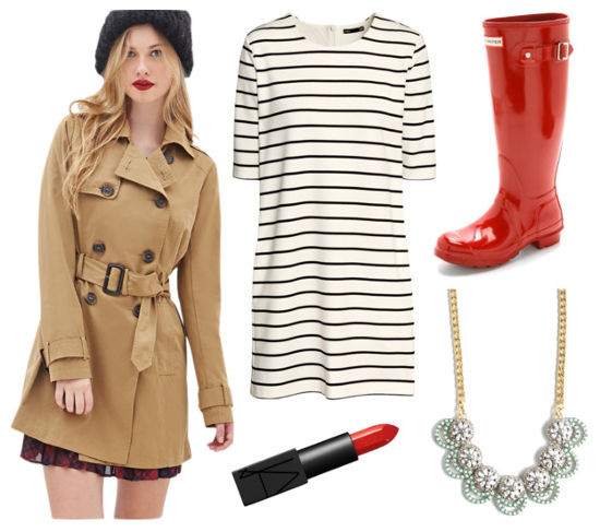 tan trench, red rain boots, striped dress
