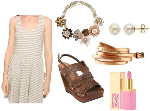 How to wear a striped dress with wedges and jewelry