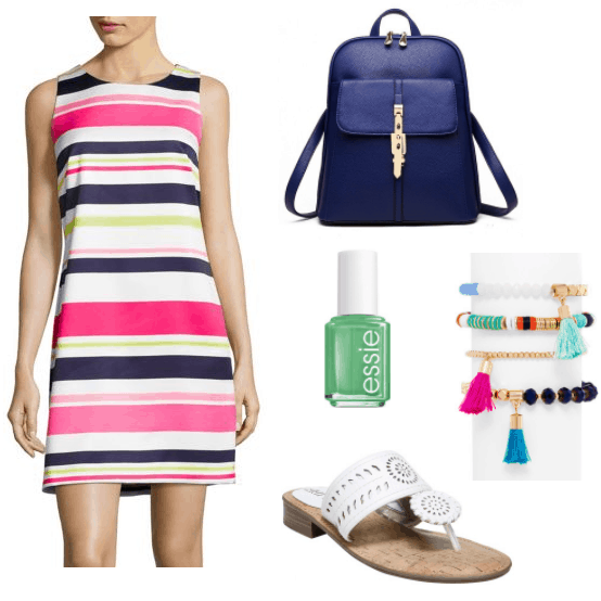 How to Wear Multicolored Stripes: Outfit with pink, white, navy and green striped shift dress, navy blue backpack, colorful friendship bracelets with tassels, white Jacks sandals, and mint green nail polish from Essie