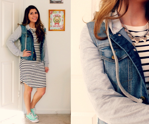 Striped-Navy-and-Whtie-Dress-Denim-Jacket-With-Hoodie-Sleeves-Mint-Converse-Triangle-Necklace