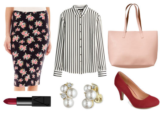 Striped shirt floral skirt red heels