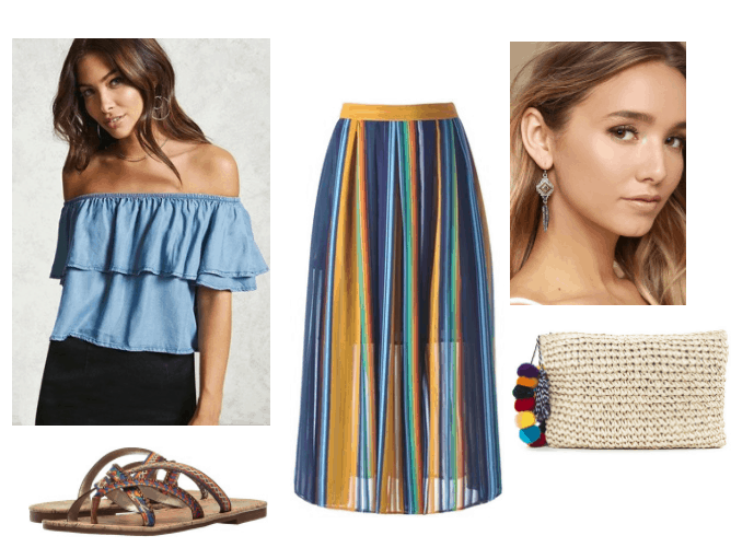 How to Wear Multicolored Stripes: Outfit with off-the-shoulder chambray top, orange, red, green and blue striped midi skirt, dangly silver earrings, multicolored sandals, woven clutch bag with pom pom detailing