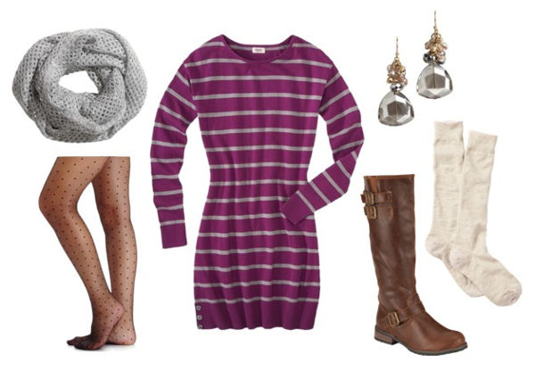 Striped sweater dress polka dot tights