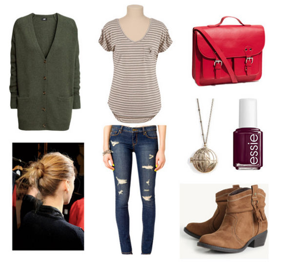 Striped tee cardigan distressed jeans