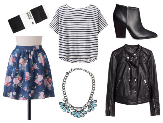 Striped tee floral skirt leather jacket