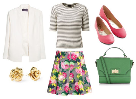 Striped tee floral skirt white blazer