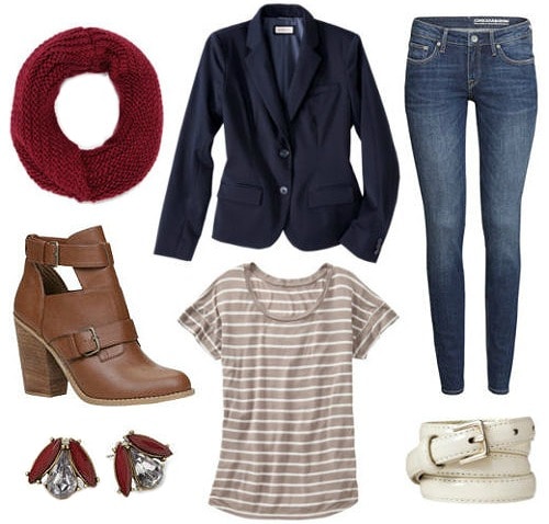 Striped tee jeans navy blazer outfit