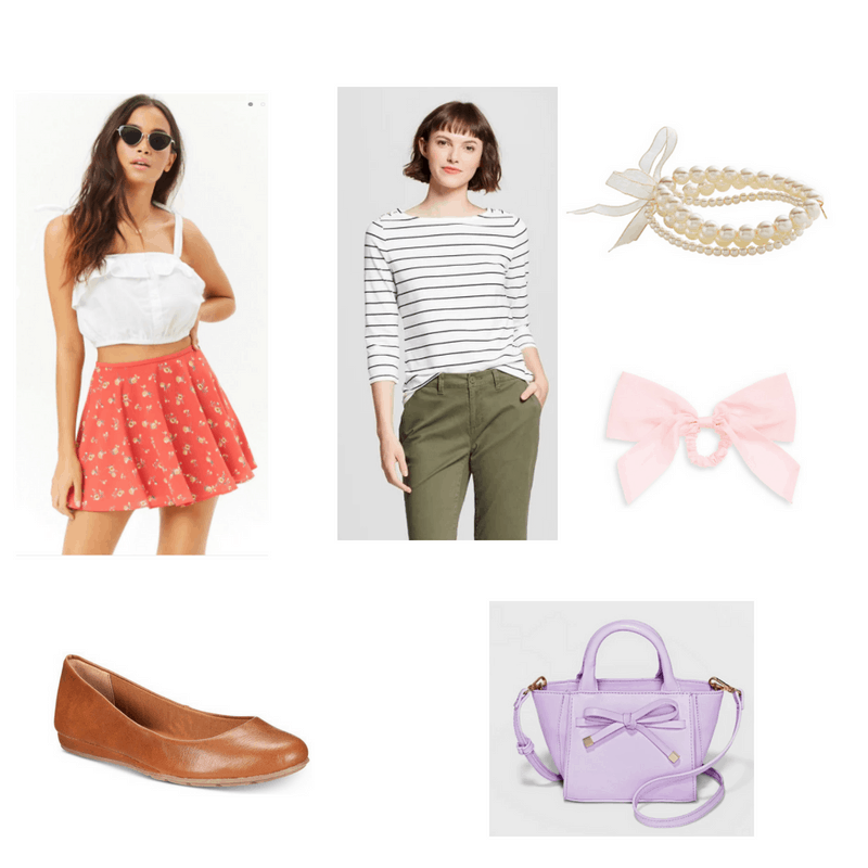 Outfit with striped tee, red floral skirt, brown flats, pearl bracelets, pink bow hairtie, and pastel purple mini bag