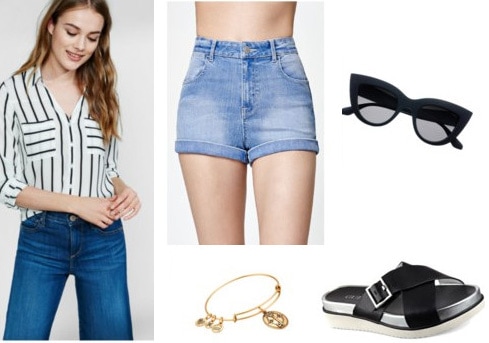 How to wear a striped top for daytime with shorts, sandals, sunglasses, and a bangle bracelet