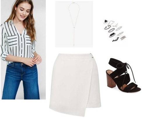 How to wear a striped top for a night out with a skort, necklace, and heels