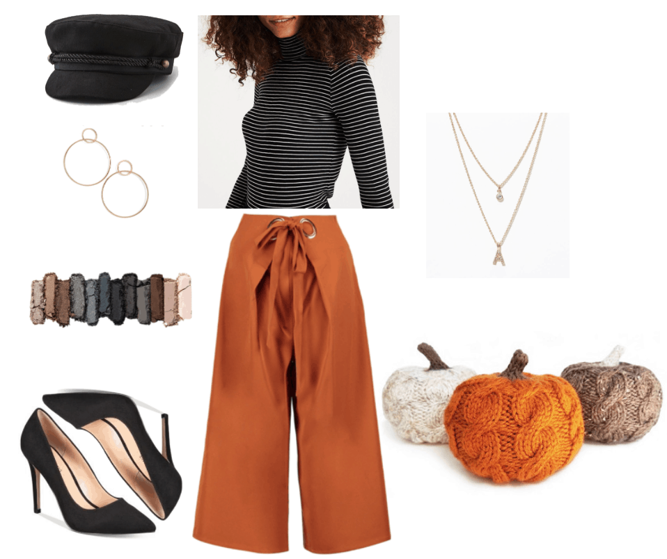 Second outfit with striped turtleneck including burnt orange culottes and pumpkins.