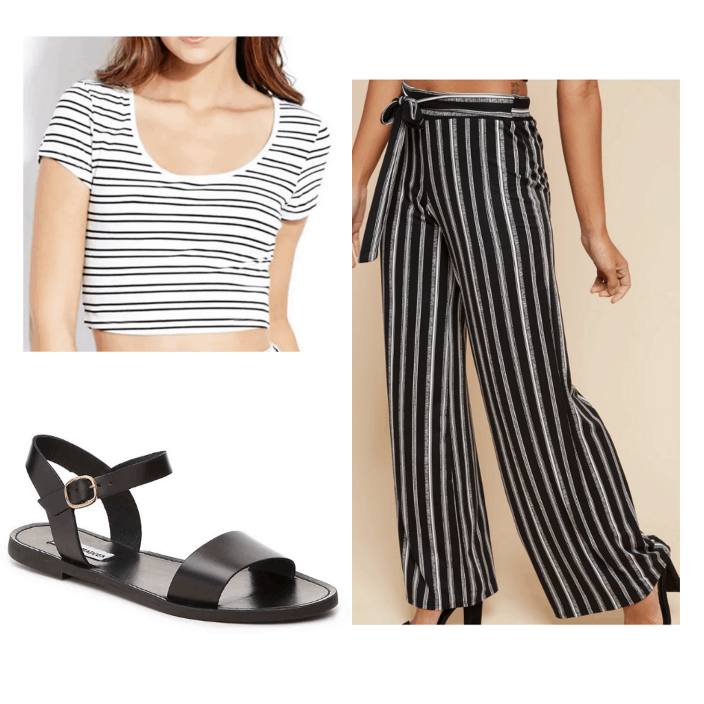 Black and white striped crop top and pants, black sandals